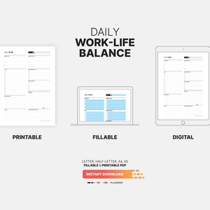 Daily Work Life Balance Planner, Fillable Goals, Work in Progress Log ...