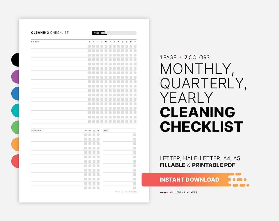 Monthly, Quarterly, Yearly Cleaning Checklist Planner, Printable Home ...