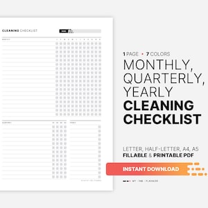 Maandelijkse, driemaandelijkse, jaarlijkse schoonmaakchecklistplanner, afdrukbaar overzicht van huishoudelijke taken, invulbare opruiming takenlijsttracker, pdf-sjabloon