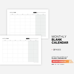 Monthly Blank Calendar, Printable Landscape Insert, Fillable Work at a ...