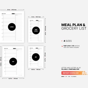 4 Paper Sizes: US Letter (8.5 x 11 in), US Half-Letter (5.5 x 8.5 in), A4 (210 x 297 mm), A5 (148 x 210 mm) for Weekly Meal Plan & Grocery List Planner, Fillable Meal Idea Tracker, Grocery Checklist, Printable PDF Template