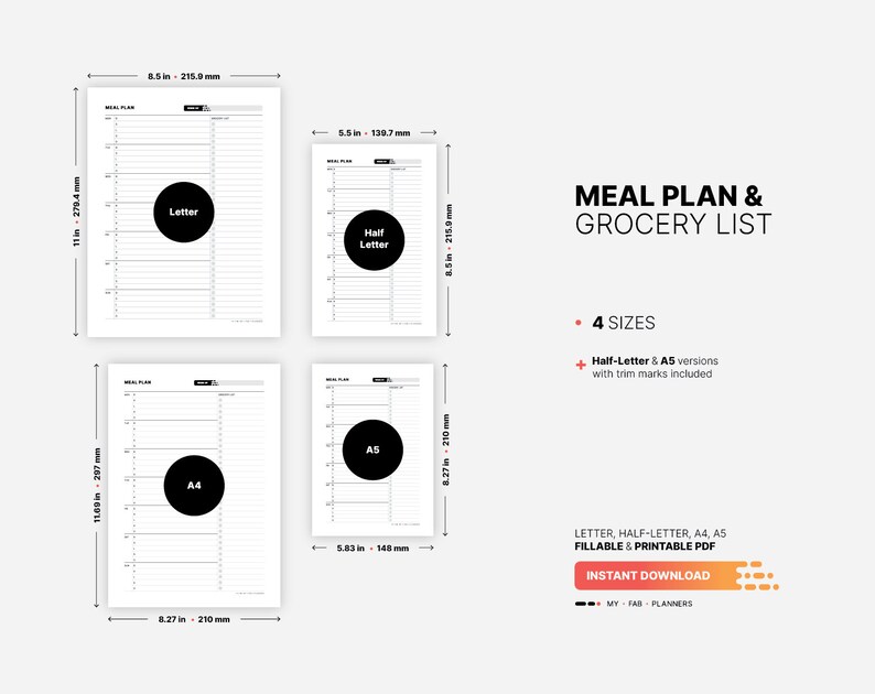 4 Paper Sizes: US Letter (8.5 x 11 in), US Half-Letter (5.5 x 8.5 in), A4 (210 x 297 mm), A5 (148 x 210 mm) for Weekly Meal Plan & Grocery List Planner, Fillable Meal Idea Tracker, Grocery Checklist, Printable PDF Template