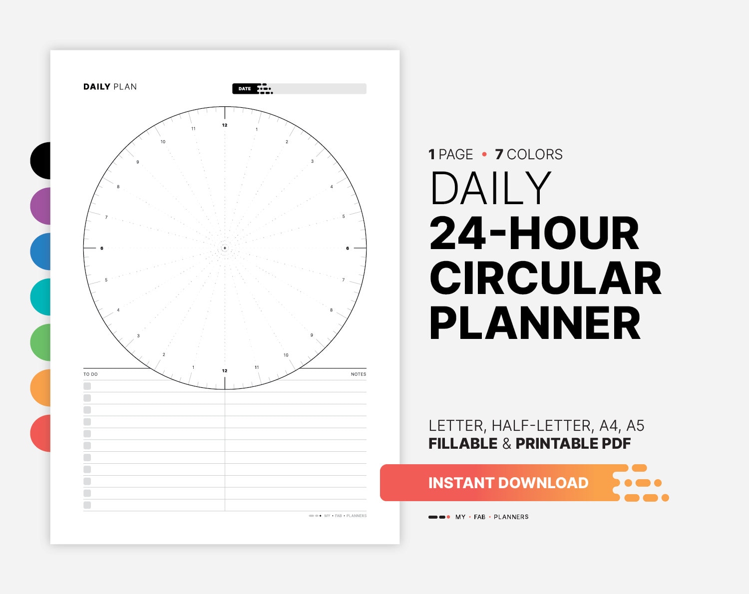 Daily 24-Hour Circular Chart, Printable Visual Planner, Fillable Routine Time Blocking, Circle ADHD To Do List, Simple Task PDF Template