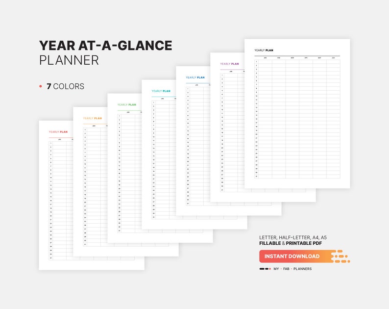 7 Color Variations Included: red, orange, green, teal, blue, purple, black for Year At-a-glance Planner, Undated & Digital Yearly Overview Template, Fillable Day Boxes, Printable Letter, Half-letter, A4, A5 PDF