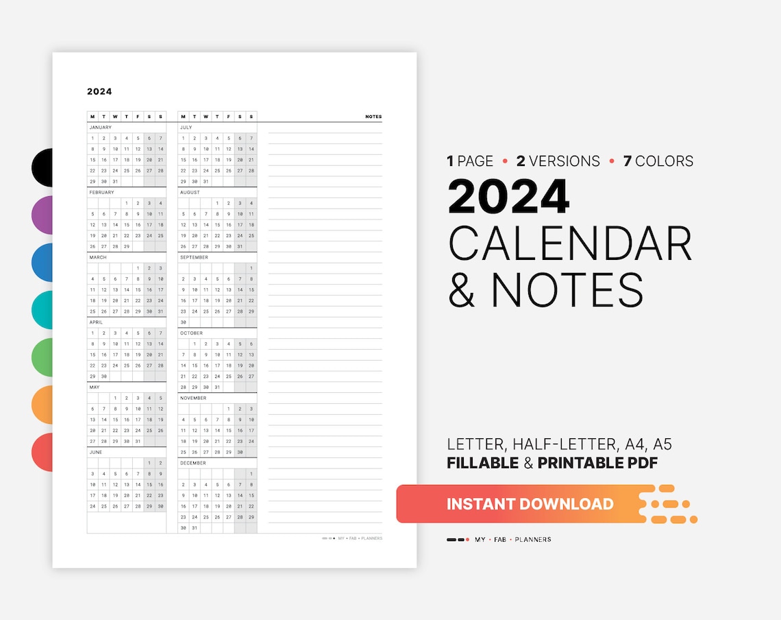 2024 Calendar & Notes Template, Printable New Year Ataglance Wall