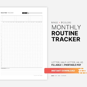 Routinetracker en -houder, maandelijks invulbaar, dagelijks, 24-uursgrafiek, ochtendgewoonte, doelenplanner, afdrukbare pdf-sjabloon, letter, A4, A5