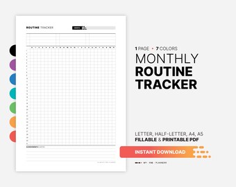 May include: A printable monthly routine tracker in black and white. The tracker has a grid with 31 days and space for notes. The text "1 PAGE 7 COLORS MONTHLY ROUTINE TRACKER" is in black text on a white background. The text "LETTER, HALF-LETTER, A4, A5 FILLABLE & PRINTABLE PDF" is in black text on a white background. The text "INSTANT DOWNLOAD" is in white text on an orange background. The text "MY FAB PLANNERS" is in black text on a white background.