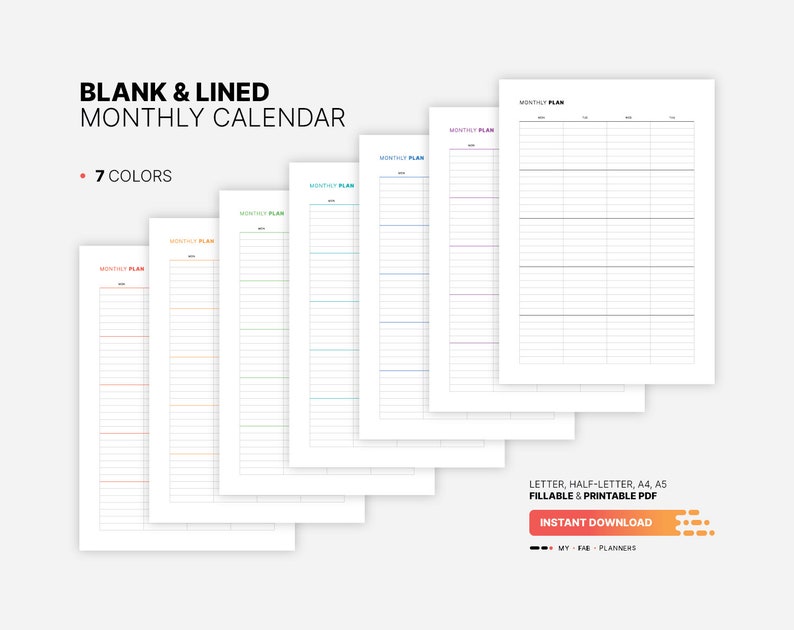 Blank Lined Monthly Calendar, Fillable Month At-a-glance Blocks ...