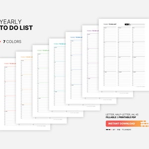7 Color Variations Included: red, orange, green, teal, blue, purple, black for Yearly To Do List, Printable Monthly Task Checklist, Fillable Productivity Task Management Planner, Digital Year at a Glance, Letter, Half-letter, A5, A4 PDF Template