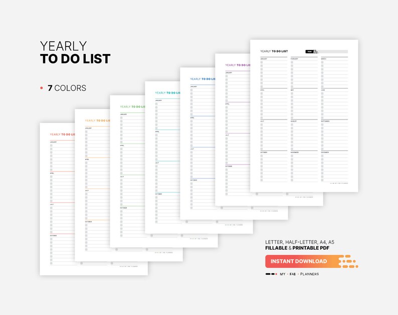 7 Color Variations Included: red, orange, green, teal, blue, purple, black for Yearly To Do List, Printable Monthly Task Checklist, Fillable Productivity Task Management Planner, Digital Year at a Glance, Letter, Half-letter, A5, A4 PDF Template