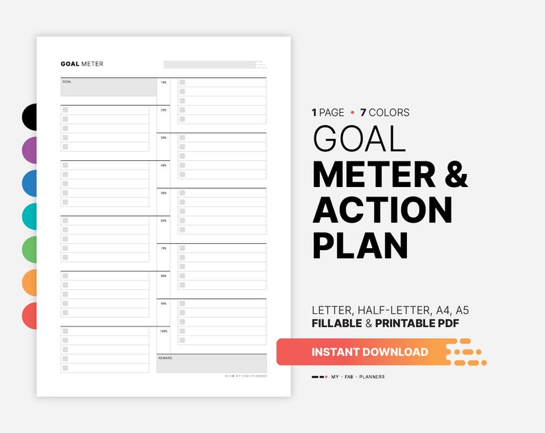 Goal Meter & Action Plan, Printable Thermometer, Vision Board, Goals