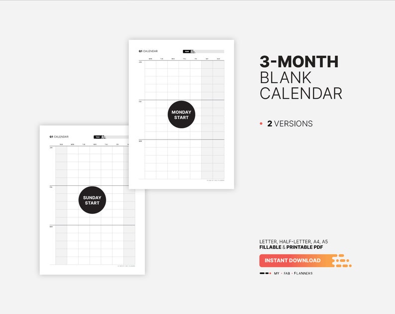 Yearly 3month Calendar Quarterly Fillable Planner Template Etsy