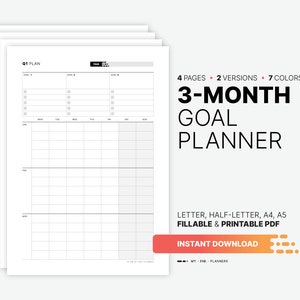 Planificador y calendario de objetivos de 3 meses, panel de objetivos trimestrales y anuales rellenables, plan de acción para alcanzar los objetivos, formato PDF imprimible de media página, carta, A4 y A5