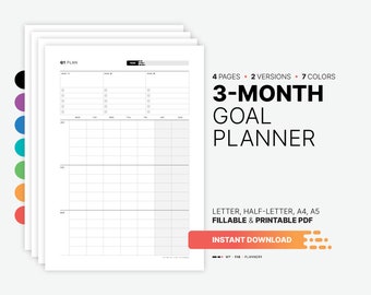 3-Month Goal Planner & Calendar, Fillable Yearly, Quarterly Goals Dashboard, Goal Crusher Action Plan, Printable Half-, Letter, A4, A5 PDF