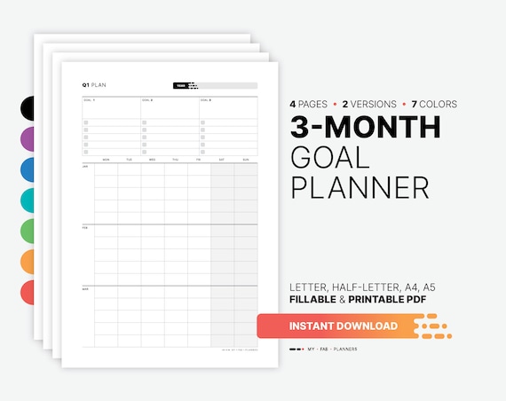 3-month Goal Planner & Calendar Fillable Yearly Quarterly - Etsy