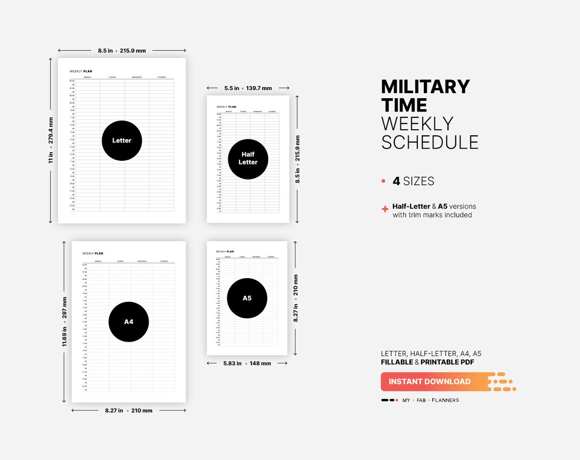 Military Time Weekly Schedule, Printable Fillable PDF (US Letter, A4 ...