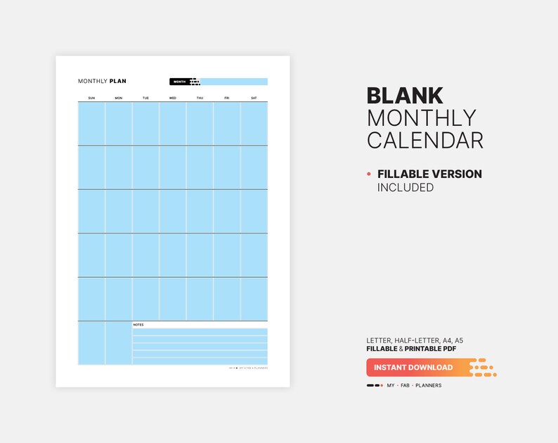 Undated Monthly Calendar Printable, Fillable Month at a Glance (PDF) - Etsy