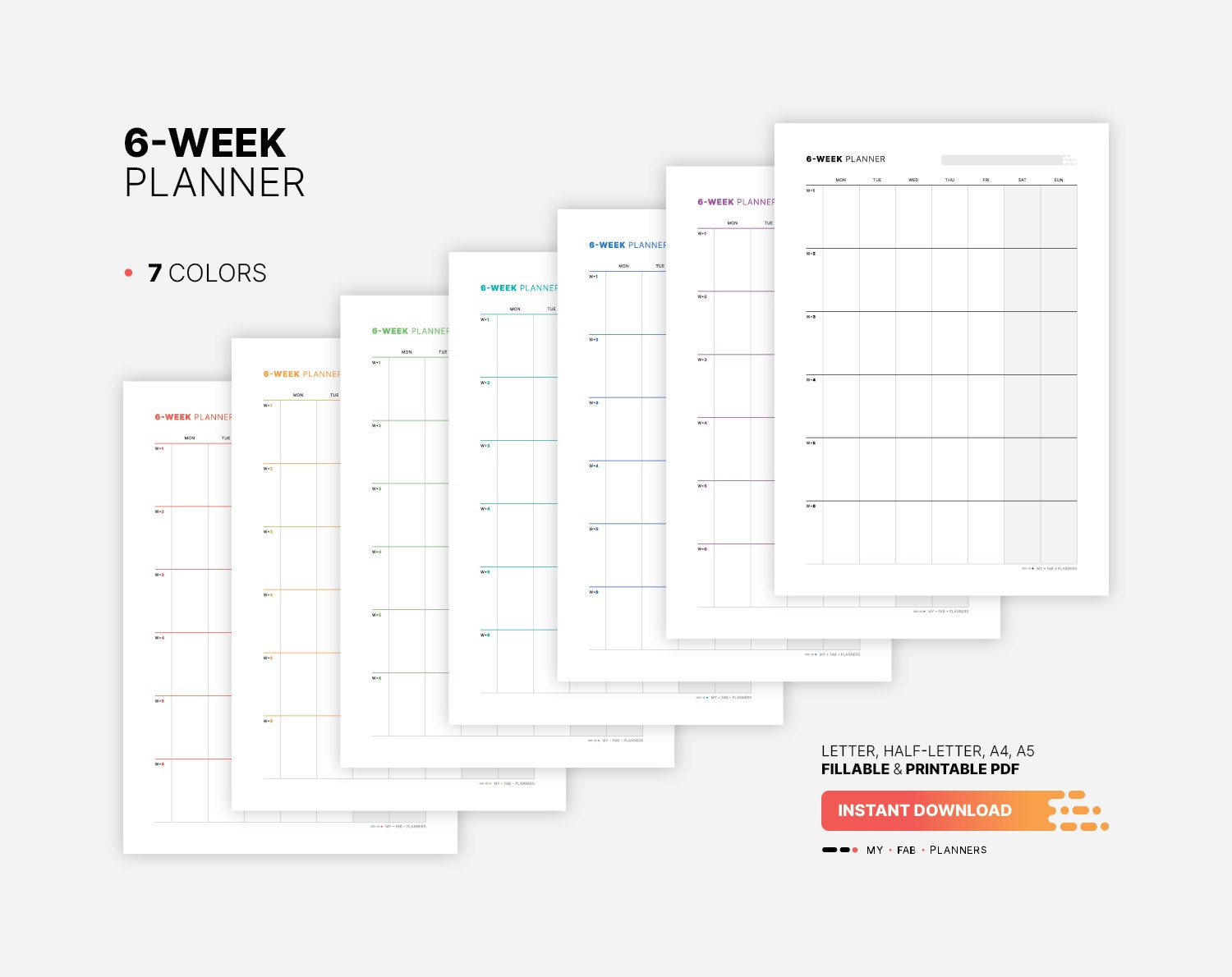 6week Calendar, Planner, Fillable Work & Productivity Goal Tracker