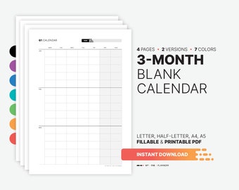 Yearly 3-Month Calendar, Quarterly Fillable Planner Template, Yearly & Monthly Wall Calendar, Printable Letter, Half-letter, A4, A5 PDF