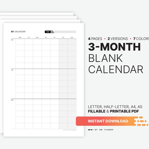 Yearly 3-Month Calendar, Quarterly Fillable Planner Template, Yearly & Monthly Wall Calendar, Printable Letter, Half-letter, A4, A5 PDF