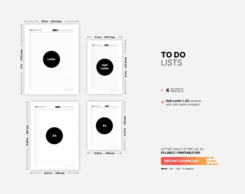 4 Paper Sizes: US Letter (8.5 x 11 in), US Half-Letter (5.5 x 8.5 in), A4 (210 x 297 mm), A5 (148 x 210 mm) for Things To Do List Template, Printable Daily, Weekly, Monthly, Quarterly, Yearly Task Management, Fillable Checklist Tracker, Simple PDF