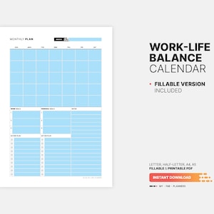 Fillable PDF Form Version Included for Monthly Work-Life Balance Calendar & Goal Action Plan, Task List, Fillable Numbers, Blank Printable Letter, Half-letter, A4, A5 PDF Template