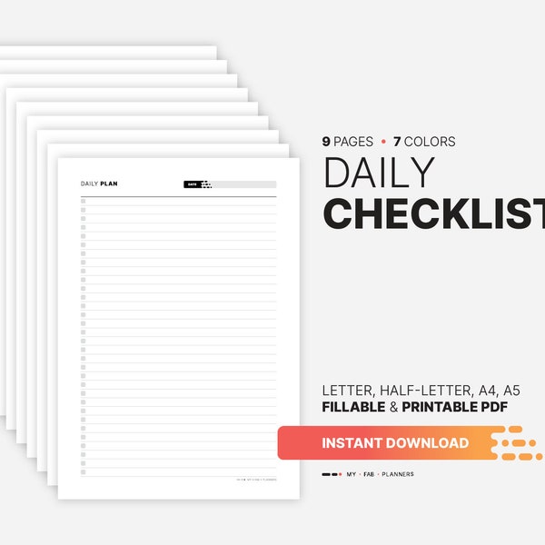 Daily Checklist Template for Task Manager & Tracker, Fillable To-Do List Printable Notebook and Notepad, Half Size, Letter, A4, A5 PDF Form