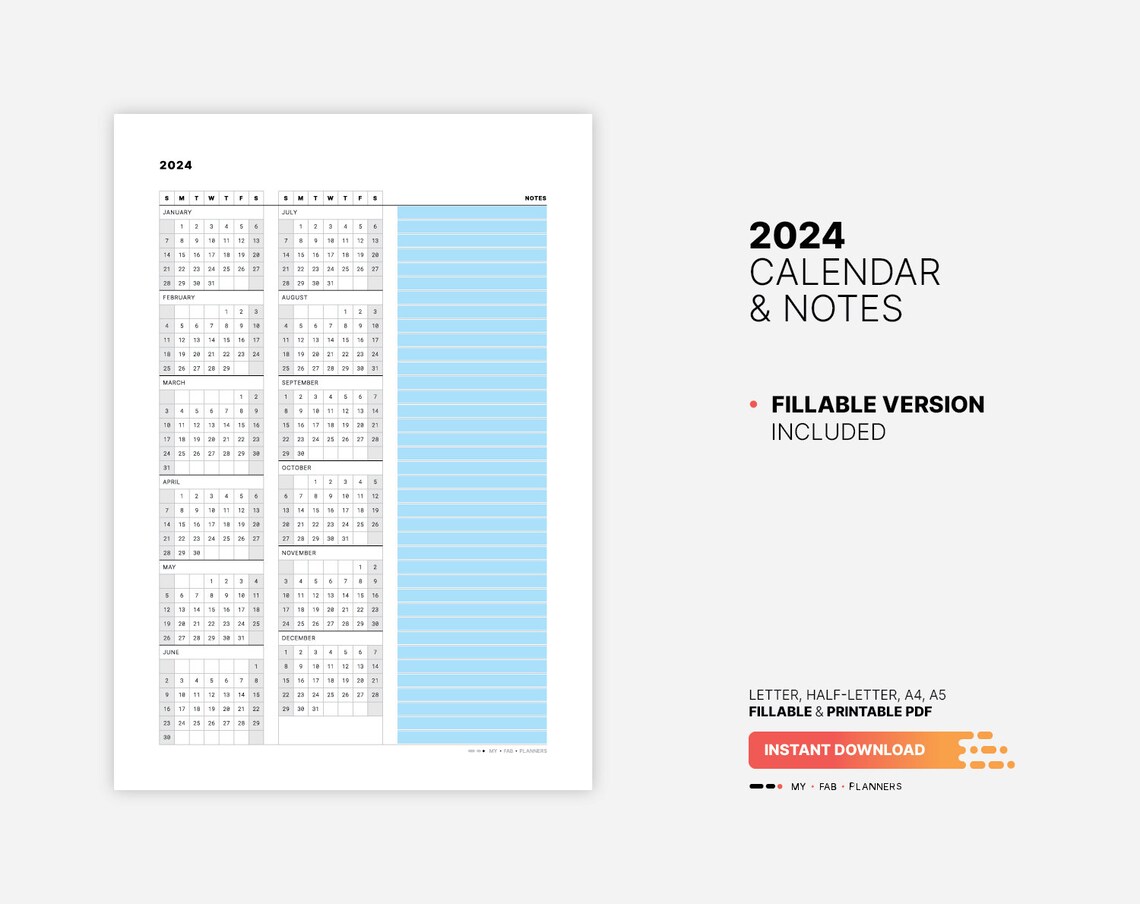 2024 Calendar & Notes Template, Printable New Year Ataglance Wall