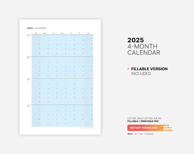 2025 4-month Calendar Fillable Planner Template Yearly &  Etsy