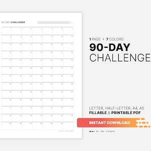 Desafío de 90 días para seguimiento de objetivos y hábitos trimestrales, casillas rellenables para 3 meses, carta digital imprimible, plantilla PDF de tamaño medio, A4, A5