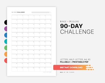 90-dniowy tracker wyzwań, plik PDF do wypełnienia i wydrukowania, tracker celów i nawyków