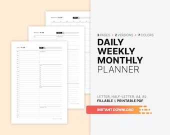 Daily, Weekly, Monthly Planner, Undated Printable PDF Template