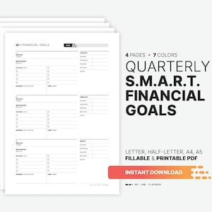 Planificador de objetivos financieros SMART trimestrales de los 3 principales, hoja de panel de plan de acción para establecer objetivos financieros rellenable, carta imprimible, plantilla PDF A5