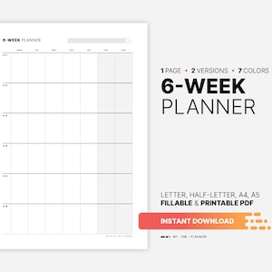 Calendario de 6 semanas, planificador, seguimiento de objetivos de productividad y trabajo rellenable, panel de organización, plantilla PDF imprimible en tamaño carta, A4 y A5