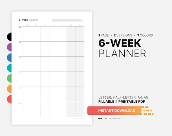 6-week Calendar, Planner, Fillable Work & Productivity Goal Tracker, Organization Dashboard, Printable Half, Letter, A4, A5 PDF Template - Etsy
