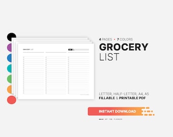 Fillable Grocery List Template, Printable Shopping Checklist (PDF)