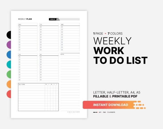 Weekly Work to Do List, Printable Organizer Checklist, Fillable