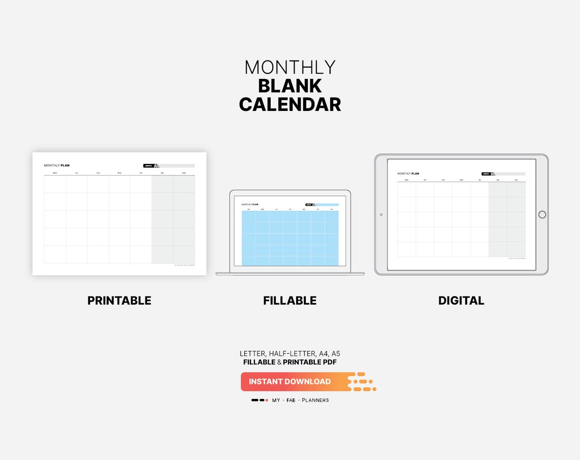 Monthly Blank Calendar Printable Landscape Insert Fillable - Etsy
