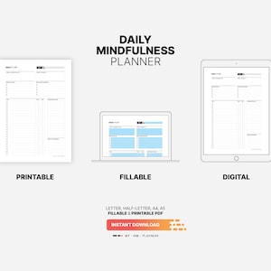 Printable, Fillable, Digital Download for Daily Mindfulness Planner, Positive Thinking Mindset, Gratitude Journal, Morning Self Care Routine, Printable Activity Schedule Letter, Half-letter, A4, A5 PDF Template