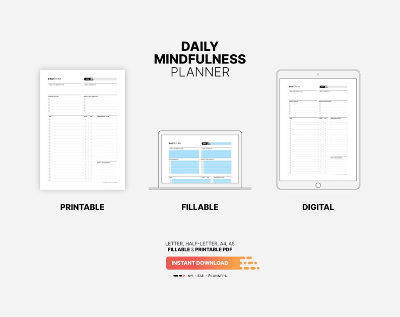 Printable, Fillable, Digital Download for Daily Mindfulness Planner, Positive Thinking Mindset, Gratitude Journal, Morning Self Care Routine, Printable Activity Schedule Letter, Half-letter, A4, A5 PDF Template