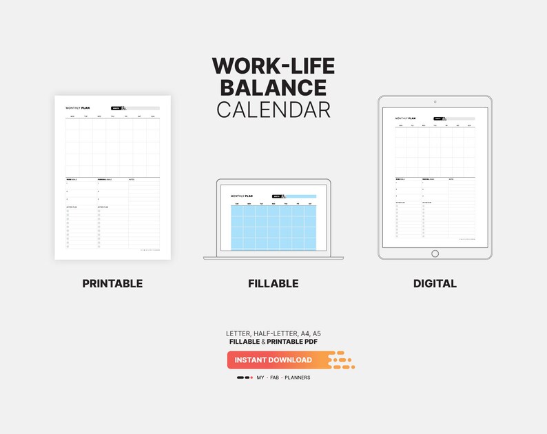 Monthly Work-life Balance Calendar & Goal Action Plan, Task List ...