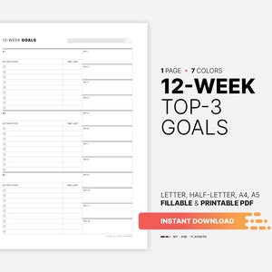 Planificador de 3 objetivos principales para 12 semanas, definición de objetivos rellenables y descripción general de Crusher, panel de plan de acción, carta imprimible, plantilla PDF HL, A4, A5