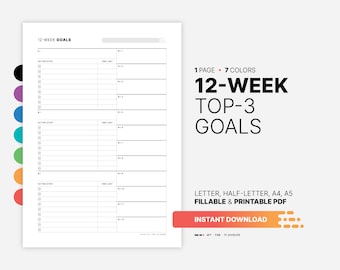 12 Week Top 3 Goals, Fillable Goal Setting & Crusher Overview Planner, Action Plan Dashboard, Printable Letter, HL, A4, A5 PDF Template