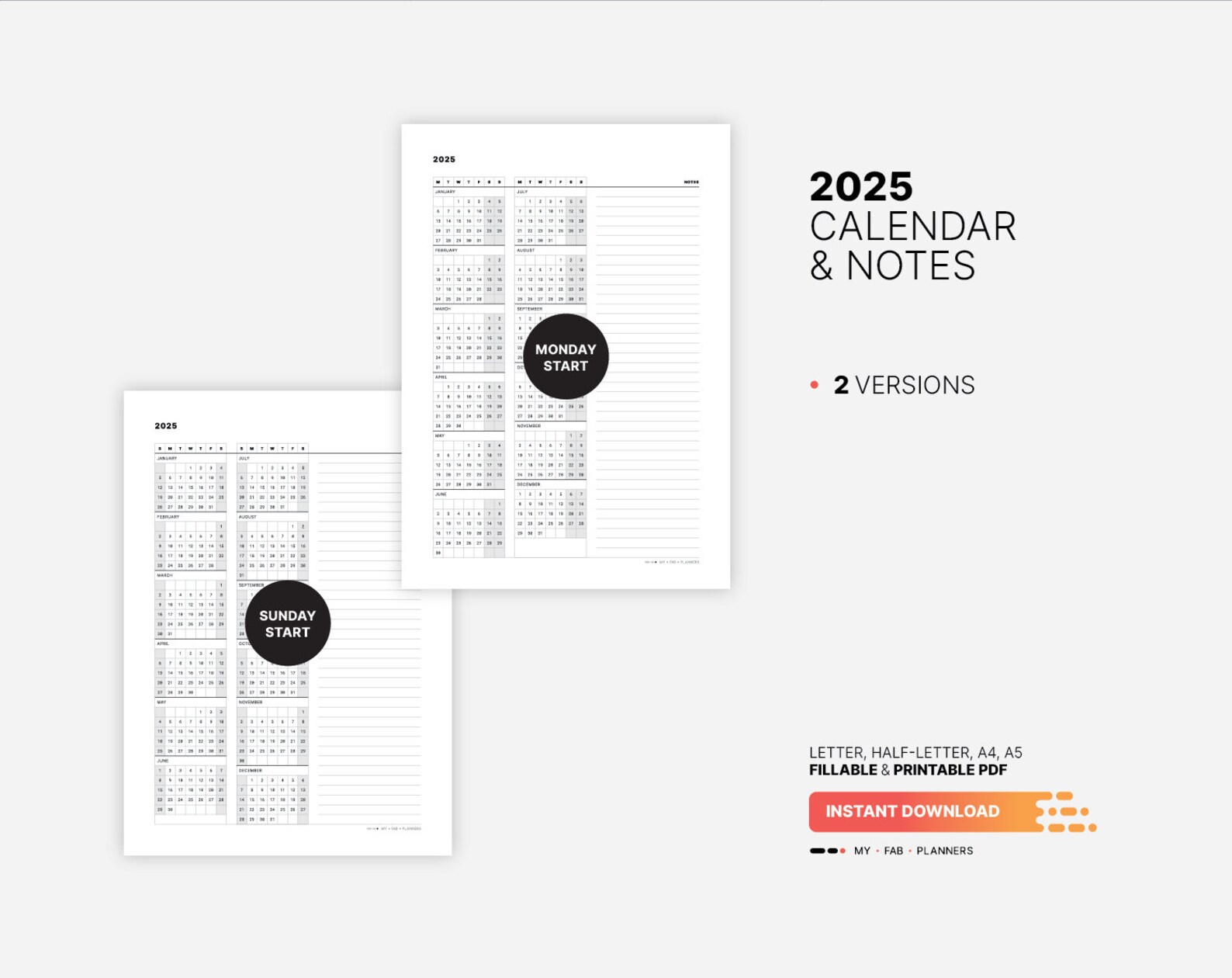 2025 calendar notes template printable new year at a glance wall
