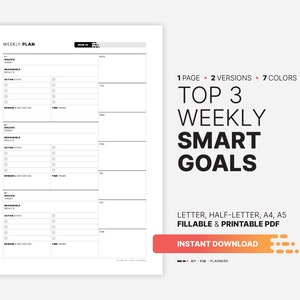 Top 3 Metas SMART Semanais com Plano de Ação, Lista de Metas e Definição de Planilha para Imprimir, Diário, Quadro, Carta Preenchável, A4, A5 Modelo PDF