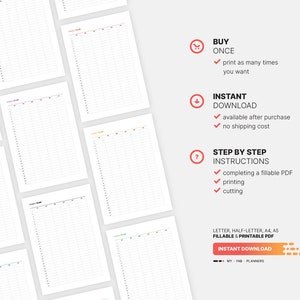 ✔ Buy once and print as many times you want.
✔ Instant download available after purchase and no shipping costs.
✔ Step by step instructions for completing a fillable PDF, printing and cutting My Fab Planners inserts.