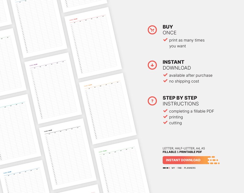 ✔ Buy once and print as many times you want.
✔ Instant download available after purchase and no shipping costs.
✔ Step by step instructions for completing a fillable PDF, printing and cutting My Fab Planners inserts.