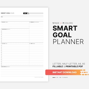 Planificador de objetivos SMART, plan de acción rellenable, recompensa, lista de objetivos alcanzados y hoja de trabajo imprimible, diario, carta, plantilla PDF A4, A5