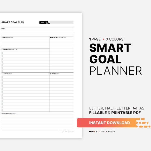 SMART Goal Planner, Fillable Action Plan, Reward, Goals Achieved List & Setting Printable Worksheet, Journal, Letter, A4, A5 PDF Template