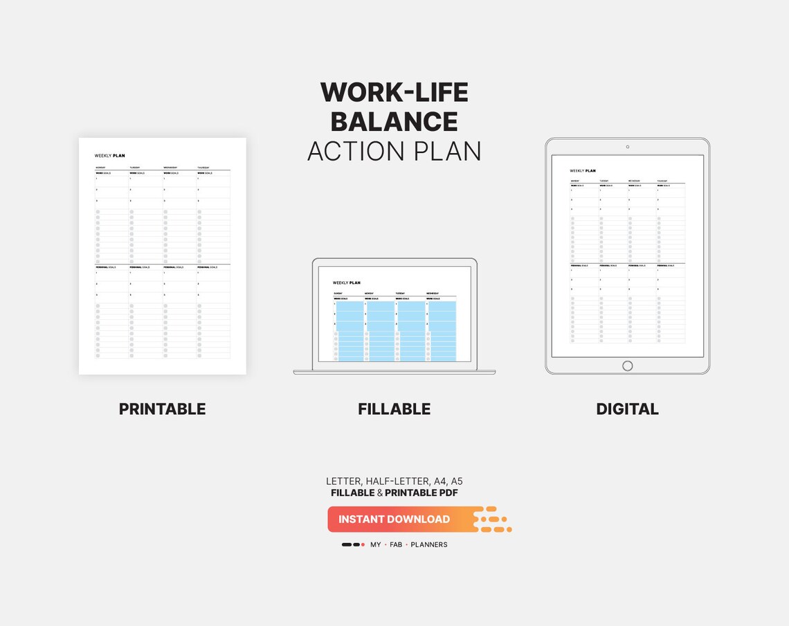 Weekly Work-life Balance & Action Plan, Goal Setting Log, Fillable To ...